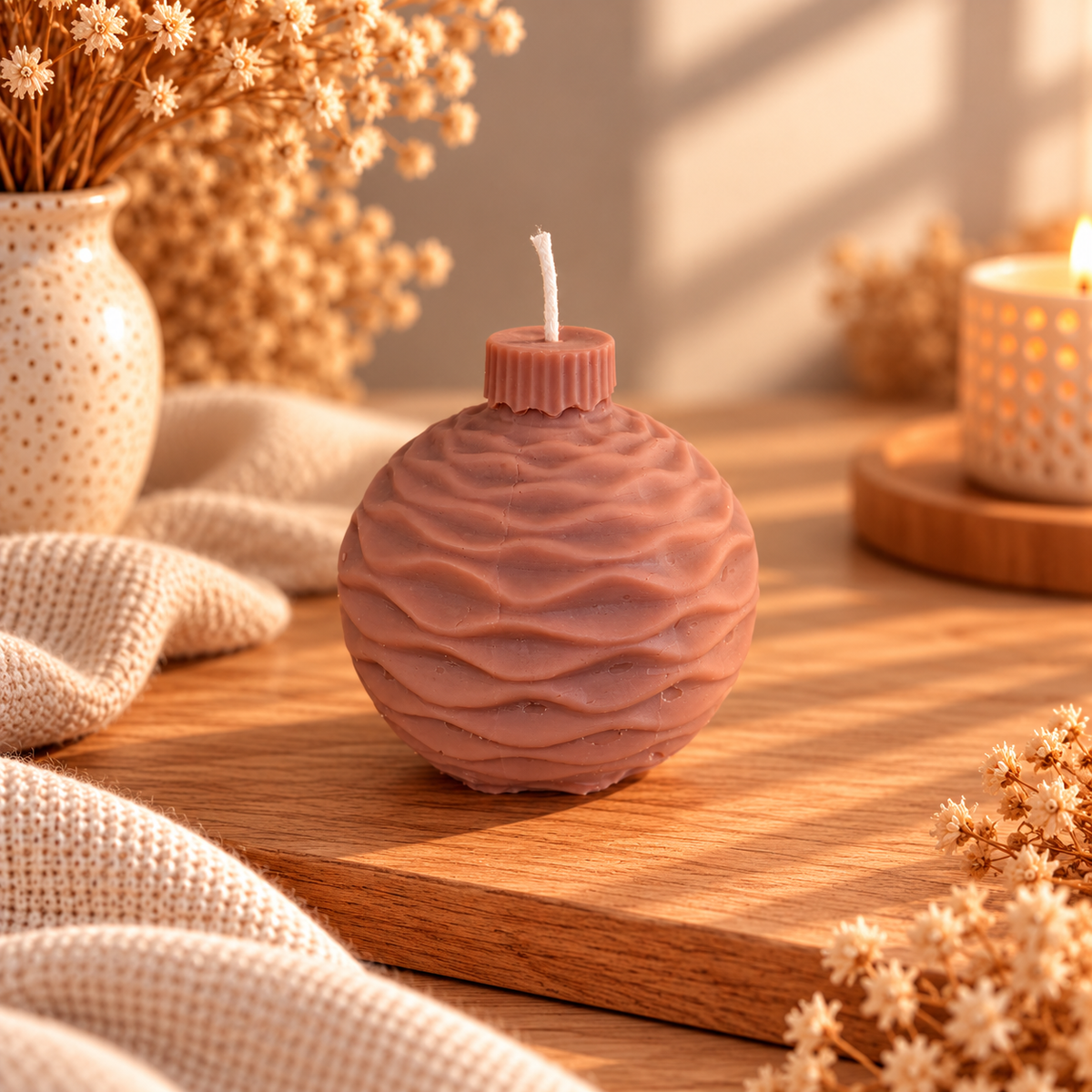 Bruine kerstbal kaars van koolzaadwas  met golvend reliëfpatroon – handgemaakte kerstdecoratie van Echt by Ikke