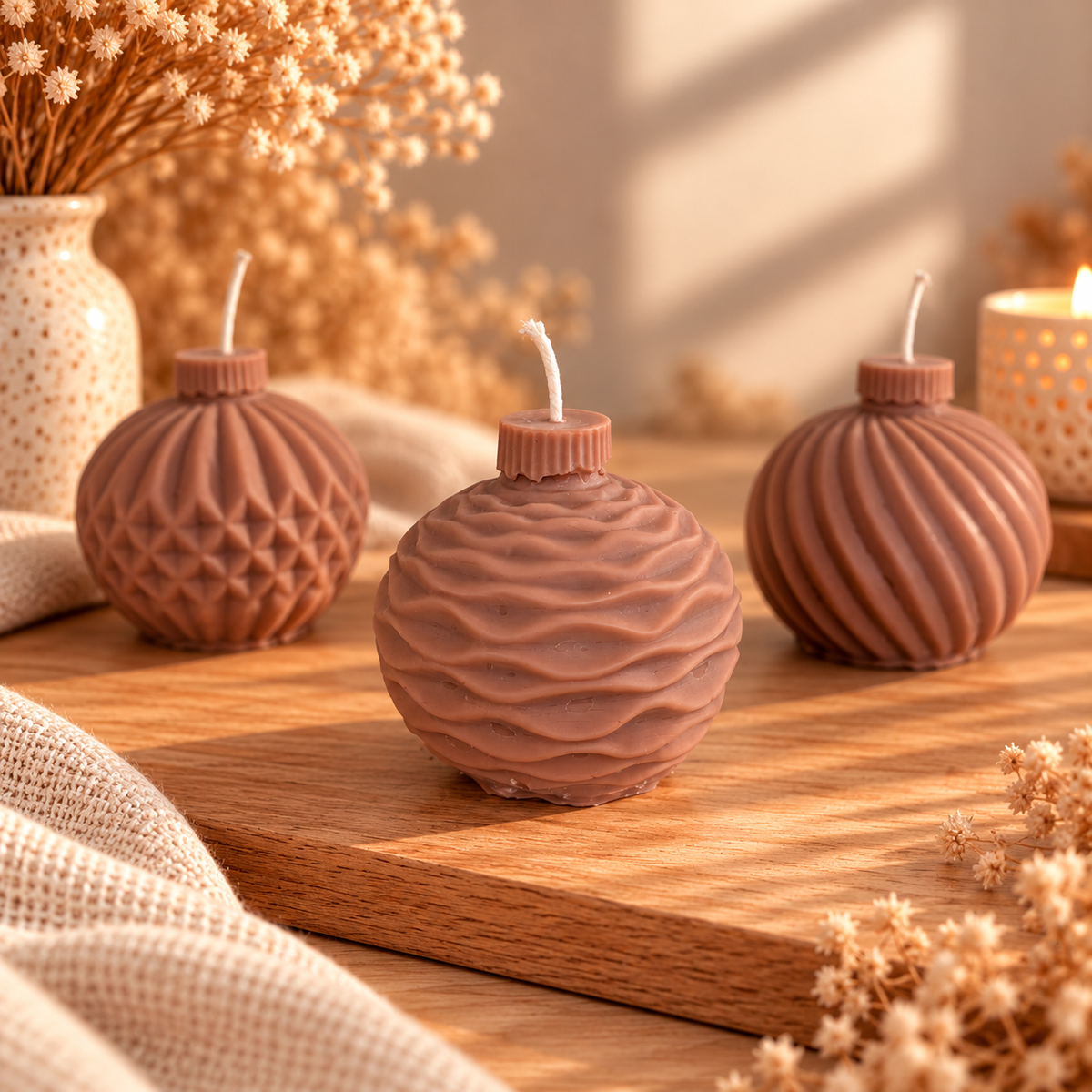 Set van drie bruine kerstbal kaarsen van koolzaadwas met geometrisch, golvend en gedraaid patroon van Echt by Ikke.