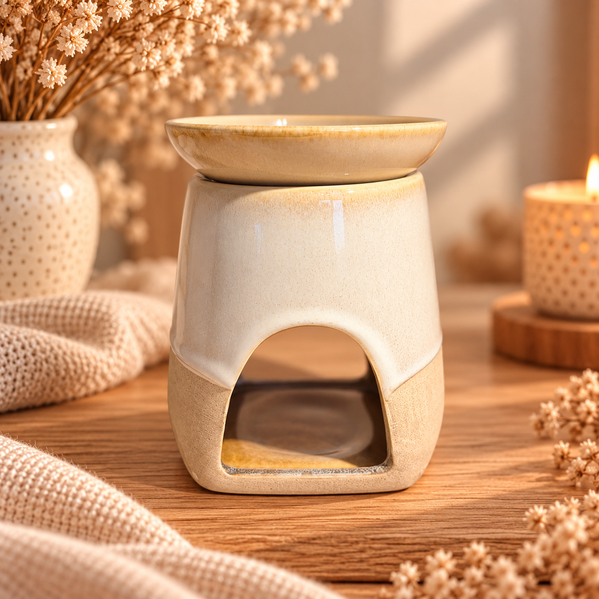 Keramieken waxbrander in warme crème- en beigetinten met een rond schaaltje voor waxmelts en een opening voor een waxinelichtje. Sfeervol gepresenteerd op een houten tafel. Verkrijgbaar bij Echt by Ikke.