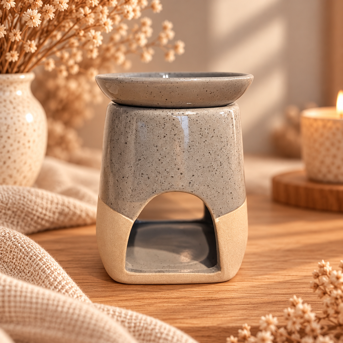 Keramieken waxbrander in grijs en beige met gespikkelde afwerking, een rond schaaltje voor waxmelts en een opening voor een waxinelichtje. Sfeervol gepresenteerd op een houten tafel. Verkrijgbaar bij Echt by Ikke.