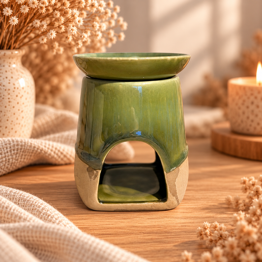 Groene keramieken waxbrander met glanzende olijfgroene afwerking, beige onderzijde, rond schaaltje voor waxmelts en opening voor een waxinelichtje. Sfeervol gepresenteerd op een houten tafel. Verkrijgbaar bij Echt by Ikke.