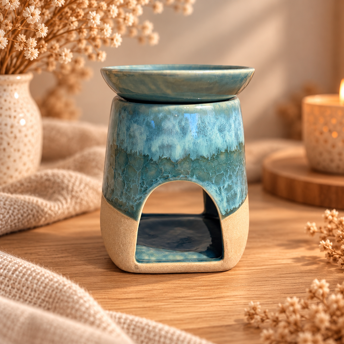 Blauwe keramieken waxbrander met glanzend turquoise glazuur, beige onderzijde en een rond schaaltje voor waxmelts. Met opening voor een waxinelichtje, sfeervol gepresenteerd op een houten tafel. Verkrijgbaar bij Echt by Ikke.