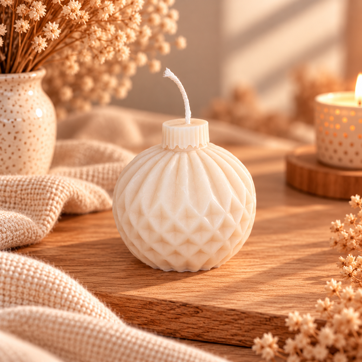 Witte kerstbal kaars van koolzaadwas met geometrisch ruitpatroon – handgemaakte kerstdecoratie van Echt by Ikke