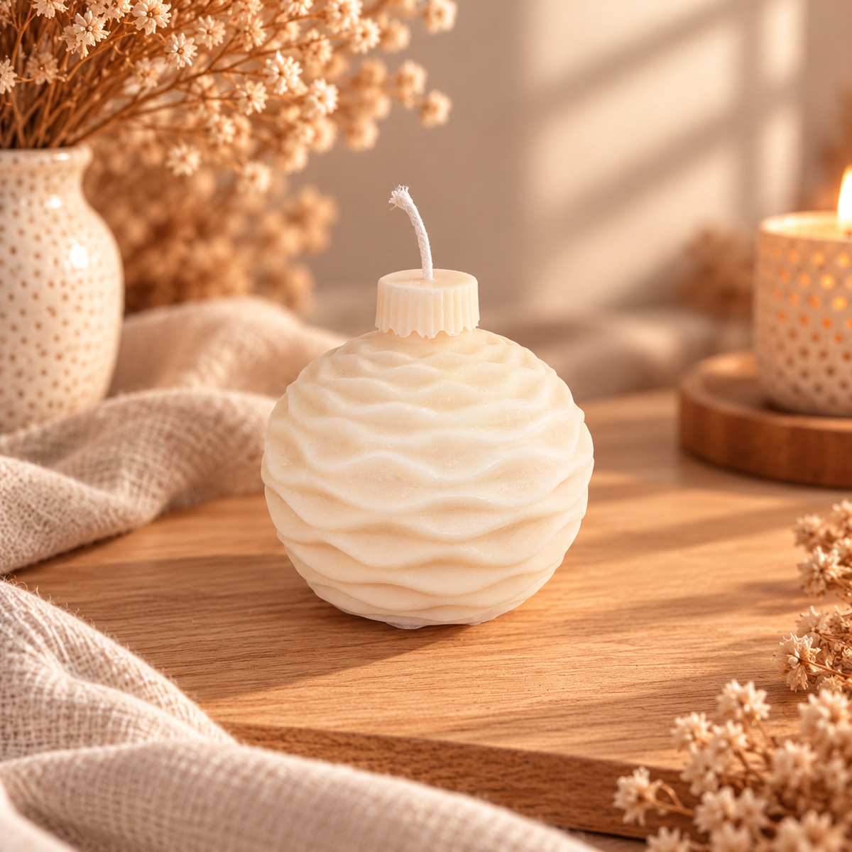 Witte kerstbal kaars van koolzaadwas met golvend reliëfpatroon – handgemaakte kerstdecoratie van Echt by Ikke