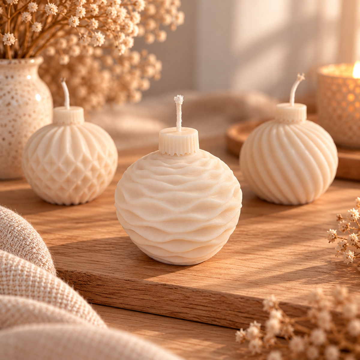 Set van drie witte kerstbal kaarsen van koolzaaswas met geometrisch, golvend en gedraaid patroon van Echt by Ikke.